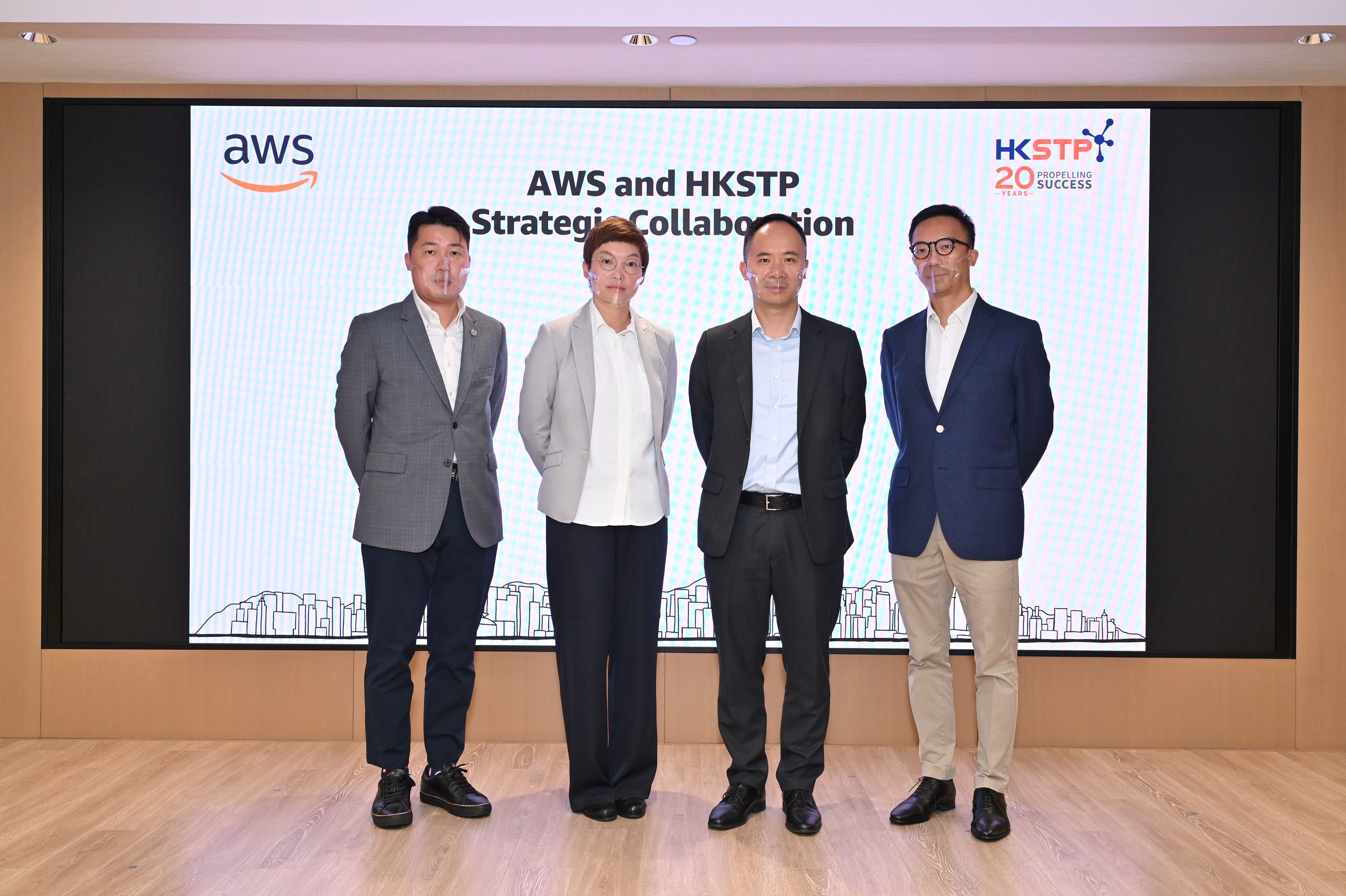 AWS and HKSTP announced a strategic collaboration today to accelerate Innovation and Technology development in Hong Kong. Present at the press conference were (from left to right) Michael Au, Assistant Director, Partnerships, HKSTP; Dr. Crystal Fok, Head of STP Platform, HKSTP; Chris So, Head of Business and Partner, Hong Kong, AWS; Perkins Ho, Senior Business Development Manager, Strategic Programs, Hong Kong & Taiwan, AWS