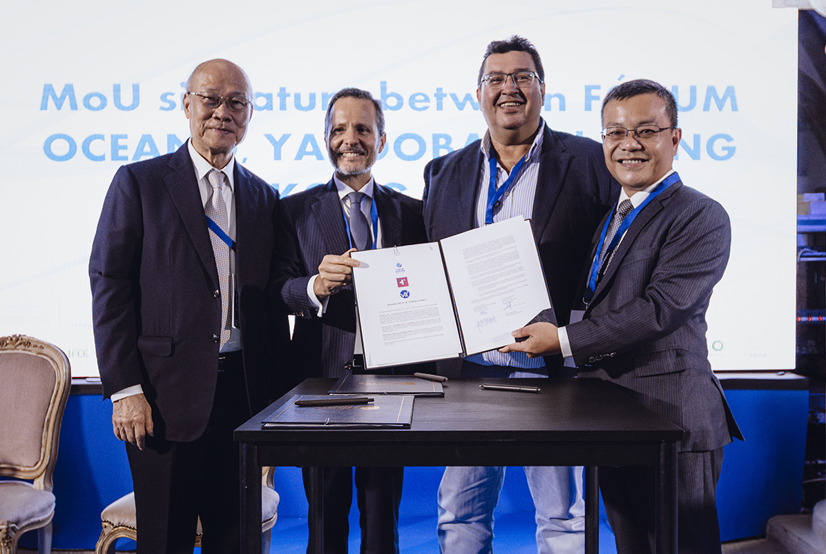HKVAX, Fórum Oceano, and Yacooba Labs representatives sign MoU for Blue Economy STO project. From left to right: Dr. Ambrose So, President of the International Forum for Clean Energy (Macau), Carlos Costa Pina, President of Fórum Oceano, Mauricio Marques, Founder and CEO of Yacooba Labs, and Dr. Anthony Ng, Co-Founder and CEO of HKVAX