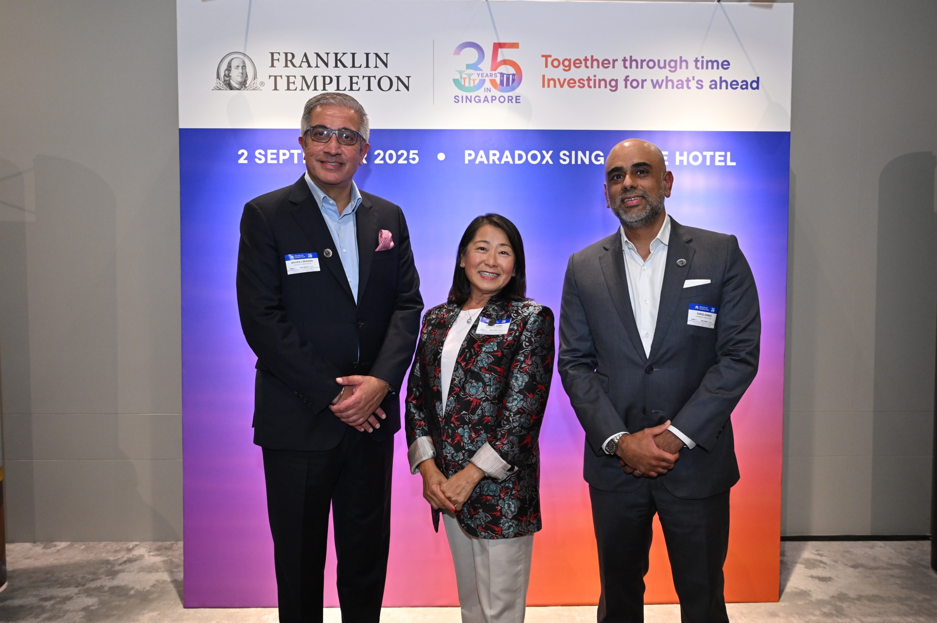 [From left to right] Manraj Sekhon, Chief Investment Officer of Templeton Global Investments; Tiffany Hong, Chief of Staff to the CEO, Franklin Templeton; and Tariq Ahmad, Head of APAC, Franklin Templeton; pictured together at Franklin Templeton Singapore’s 35th Anniversary Event.