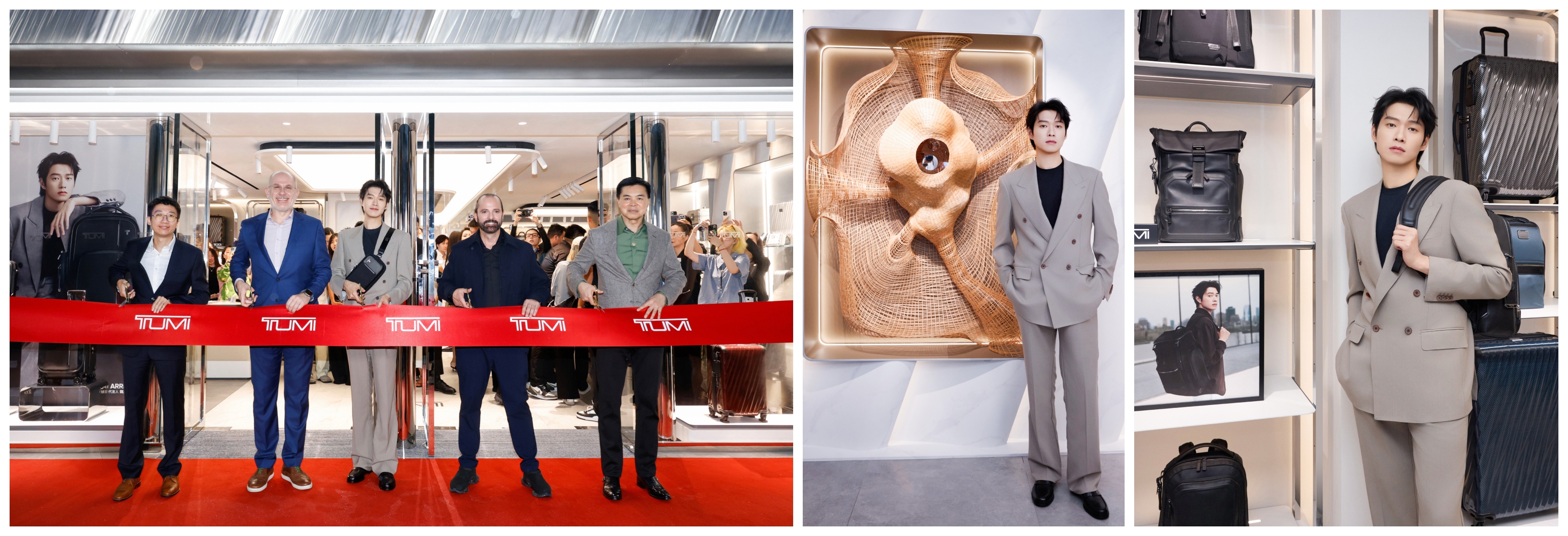 (Left) TUMI China, Senior Director Julian Yung, Vice President of Asia Pacific and Middle East Aris Maroulis, TUMI Asia-Pacific Brand Ambassador Wei Daxun, TUMI Creative Director Victor Sanz, Executive Vice President and COO of Shanghai Centre Byron Kan (Jian Bailuan), taking part in the ribbon-cutting ceremony. (Right) TUMI Asia-Pacific Brand Ambassador Wei Daxun at the new TUMI Flagship Store in Shanghai